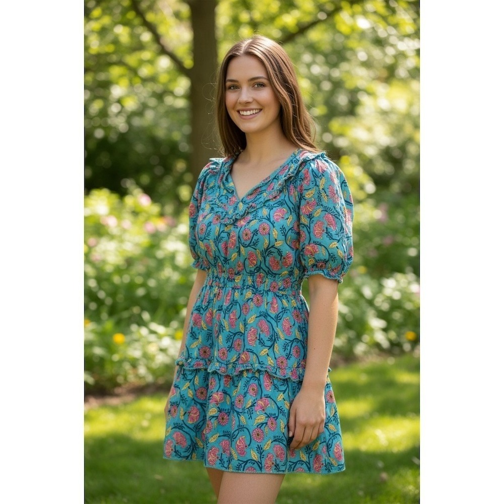 Maisie Mini Dress Womens Size‎ L Teal Blue Floral Puff Sleeve Ruffle Tiered